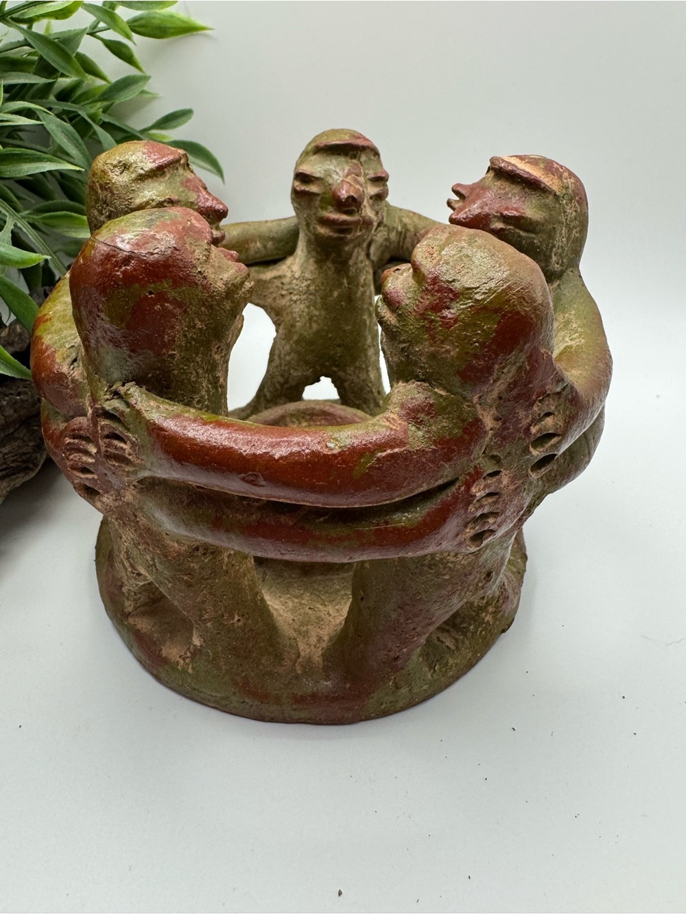 Vintage Mexican “Circle of Friends” folk art terracotta sculpture, EUC.